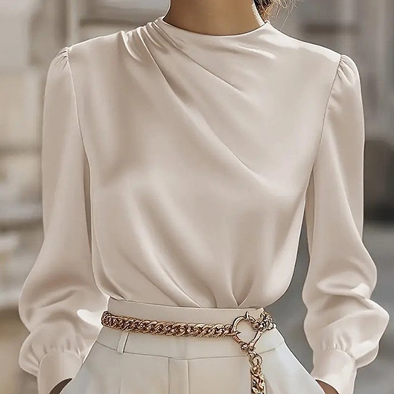 Women's Pleated Long Sleeve Blouse, Round Neck Business Casual Shirt, Dressy Fall 2025 Work Tops - Image 5