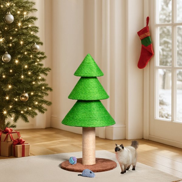 31.5in Christmas Tree Cat Scratcher, Cat Scratching Post For Indoor Cats, Large Sisal Cat Scratching Tree Cat Scratch Tower, Grass Green