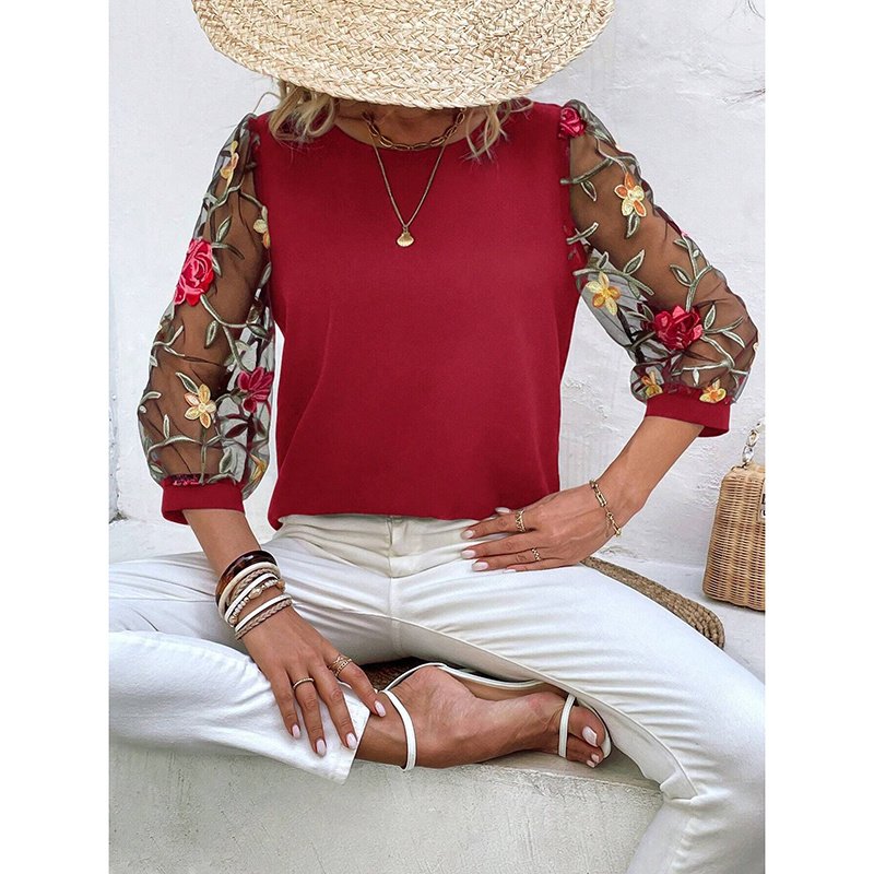 Women's Floral Embroidery Contrast Mesh Puff Sleeve Crew Neck Tee Shirt Tops - Image 3
