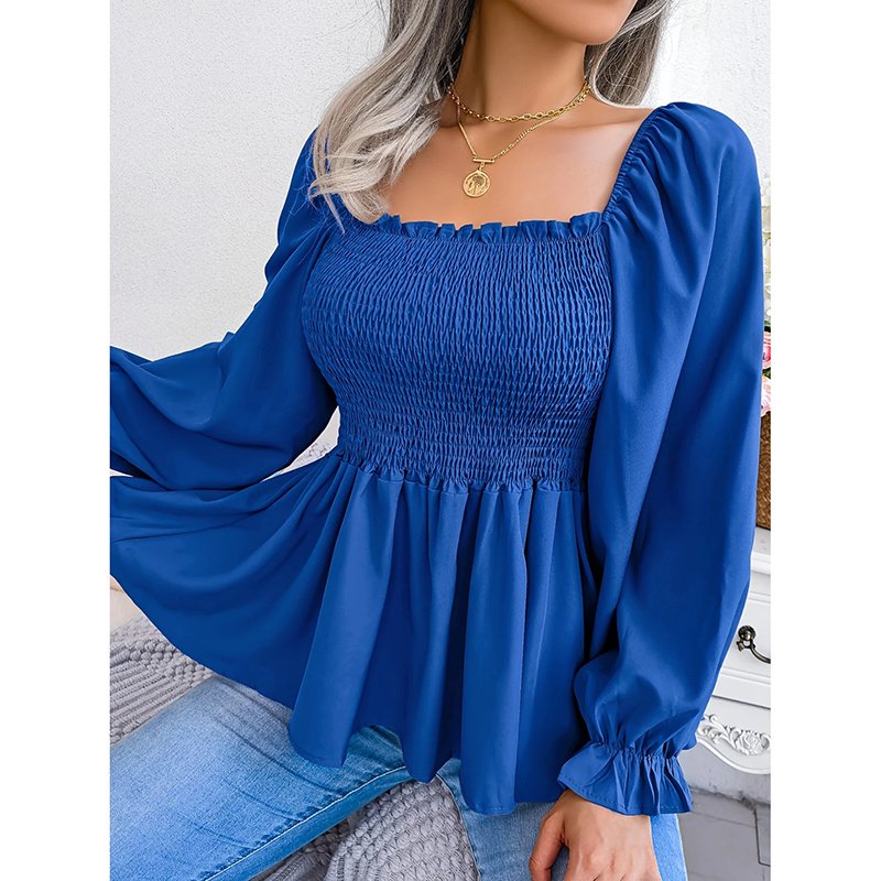 Women's Peplum Tops Square Neck Ruffle Trim Long Sleeve Blouse Smocked Top Dressy Casual Shirts - Image 10