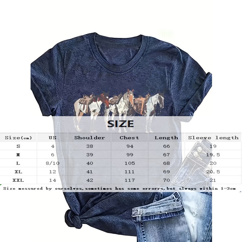 Women's Three Horses Print Round Neck Tee - Casual Summer Top - Image 4