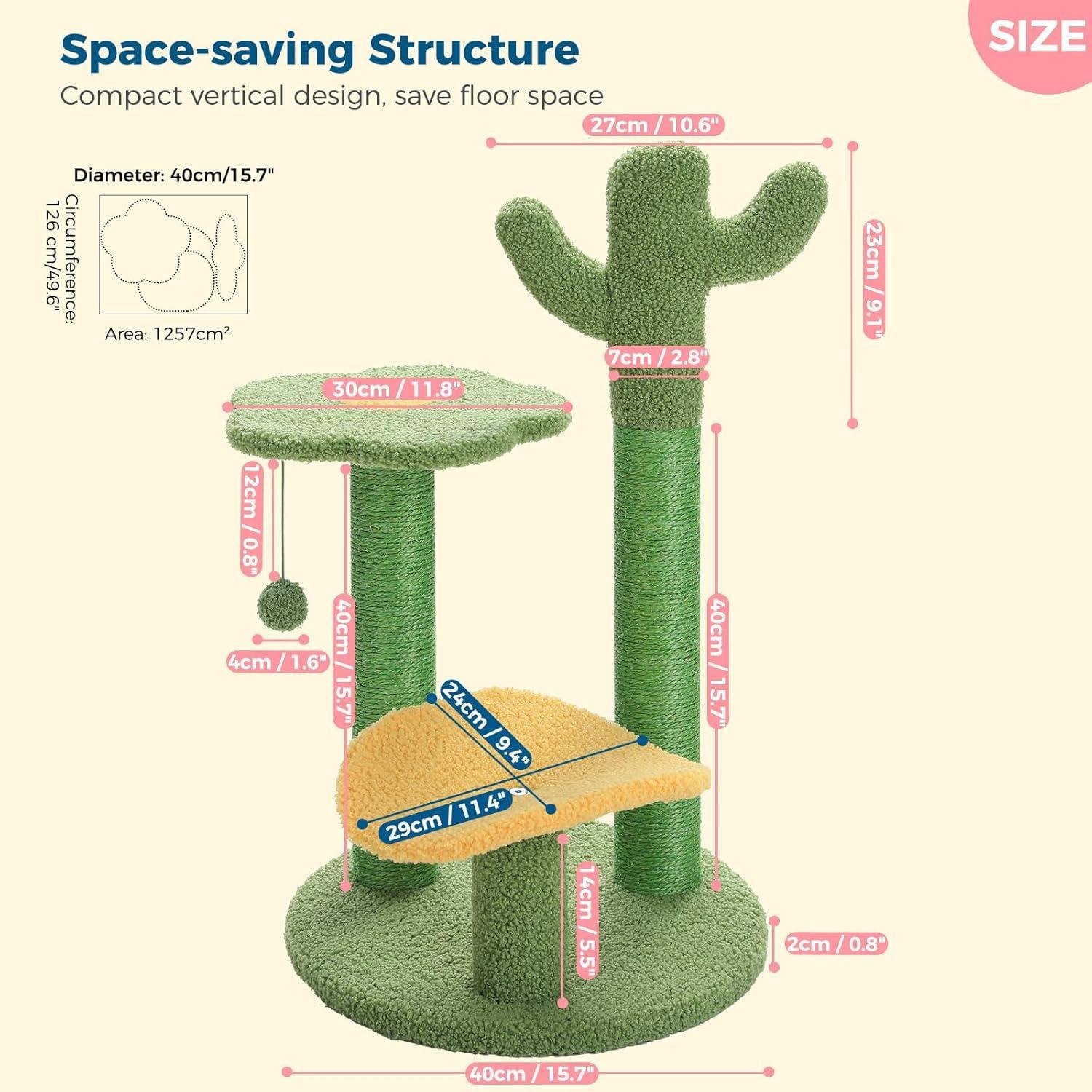 26 Inch Cactus Cat Tree With Bird's Eye View Flower Perch, Soft Cactus Top And Hanging Ball, Compact Vertical Structure For Indoor Cats - Image 7
