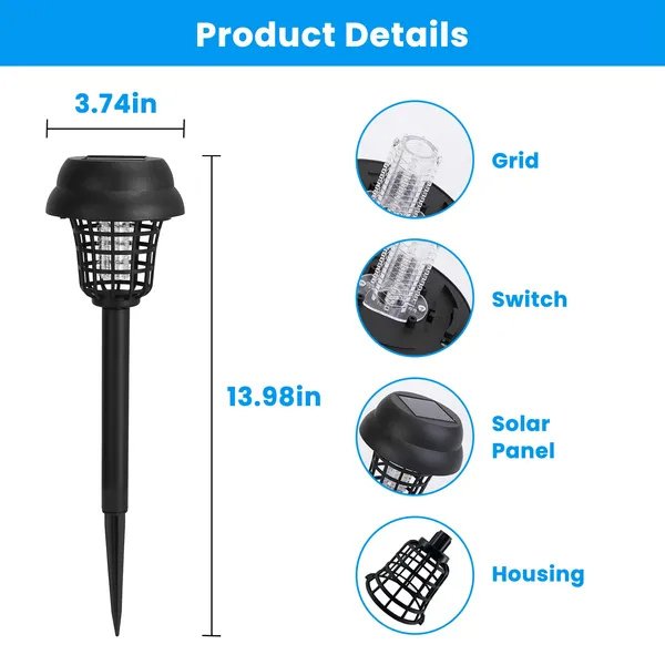 4 Pack Solar Powered Mosquito Zapper Outdoor Insect Killer Torch Waterproof Bug Zapper With UV Light White Light For Yard Garden Farm Patio - Image 10